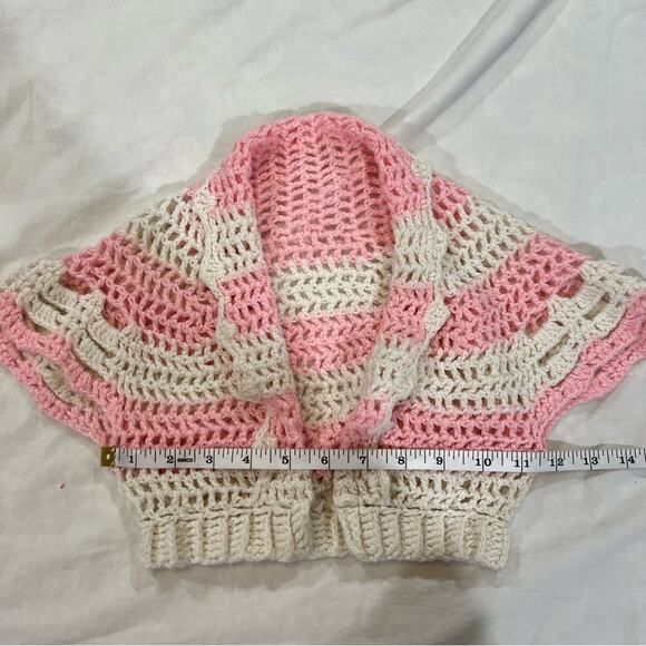 Handmade OOAK Grandma Crocheted Striped Short Sleeve Cardigan Small pink white - Picture 3 of 7